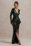 Wild Dream | Green Sequin Plunge-Neck Ruffle Split Maxi Dress