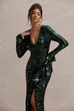 Wild Dream | Green Sequin Plunge-Neck Ruffle Split Maxi Dress