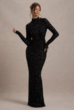 Galaxy | Black Sequin Turtle-Neck Long-Sleeve Maxi Dress