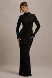 Galaxy | Black Sequin Turtle-Neck Long-Sleeve Maxi Dress