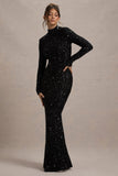 Galaxy | Black Sequin Turtle-Neck Long-Sleeve Maxi Dress