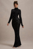 Galaxy | Black Sequin Turtle-Neck Long-Sleeve Maxi Dress