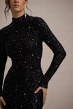 Galaxy | Black Sequin Turtle-Neck Long-Sleeve Maxi Dress