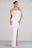 Old Money | White Bodycon Sequin Maxi Dress With Feather Trim