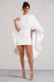 Of The Manor | White Gathered Mini Dress With Feather Cape