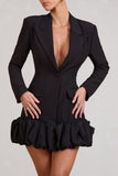 Cloud Catching | Black Tailored Blazer Mini Dress With Ruffled Hem