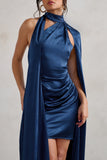 Laurelie | Navy Satin Statement Cape Design Mini Dress