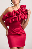 At The Opera | Red Satin One Shoulder Ruffled Mini Dress