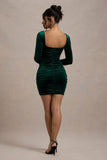 Muse | Bottle Green Velvet Long Sleeve Square Neck Ruched Mini Dress