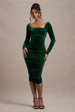 Seductress | Bottle Green Velvet Square Neck Bodycon Midi Dress With Long Sleeves