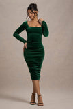 Seductress | Bottle Green Velvet Square Neck Bodycon Midi Dress With Long Sleeves