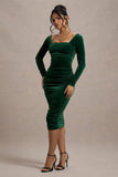 Seductress | Bottle Green Velvet Square Neck Bodycon Midi Dress With Long Sleeves