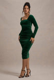 Seductress | Bottle Green Velvet Square Neck Bodycon Midi Dress With Long Sleeves