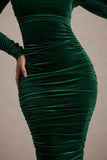 Seductress | Bottle Green Velvet Square Neck Bodycon Midi Dress With Long Sleeves