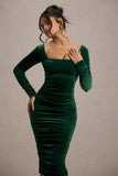 Seductress | Bottle Green Velvet Square Neck Bodycon Midi Dress With Long Sleeves