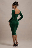 Seductress | Bottle Green Velvet Square Neck Bodycon Midi Dress With Long Sleeves