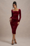 Seductress | Berry Velvet Square Neck Bodycon Midi Dress With Long Sleeves