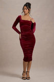 Seductress | Berry Velvet Square Neck Bodycon Midi Dress With Long Sleeves