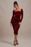 Seductress | Berry Velvet Square Neck Bodycon Midi Dress With Long Sleeves