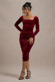 Seductress | Berry Velvet Square Neck Bodycon Midi Dress With Long Sleeves