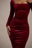 Seductress | Berry Velvet Square Neck Bodycon Midi Dress With Long Sleeves