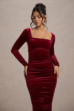 Seductress | Berry Velvet Square Neck Bodycon Midi Dress With Long Sleeves