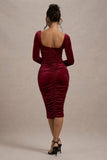 Seductress | Berry Velvet Square Neck Bodycon Midi Dress With Long Sleeves