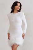 Claudia | White Sequin High Neck Feather Hem Mini Dress With Long Sleeves