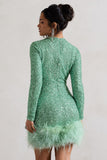 Claudia | Mint Sequin High Neck Feather Hem Mini Dress With Long Sleeves