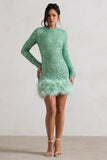 Claudia | Mint Sequin High Neck Feather Hem Mini Dress With Long Sleeves