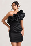 At The Opera | Black Satin One Shoulder Ruffled Mini Dress