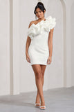 At The Opera | White Satin One Shoulder Ruffled Mini Dress