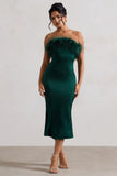 One And Only | Green Satin Feather Trim Midi Dress