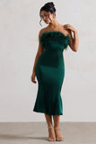 One And Only | Green Satin Feather Trim Midi Dress