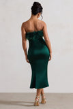 One And Only | Green Satin Feather Trim Midi Dress