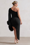 July | Black Asymmetric One Shoulder Cape Midi Dress With Feathers