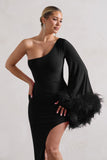 July | Black Asymmetric One Shoulder Cape Midi Dress With Feathers