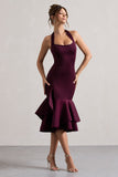 Arla | Plum Halter-Neck Ruffle Trim Midi Dress