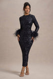 Analina | Navy Sequin Long-Sleeved Midi Dress With Feather Cuffs