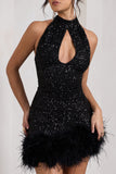 Tillie | Black Sequin High Neck Trapeze Mini Dress With Feather Hem Detail