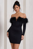 Celia | Black Plunge Neck Bardot Mini Dress With Feather Trim Detail