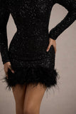 Claudia | Black Sequin High Neck Feather Hem Mini Dress With Long Sleeves