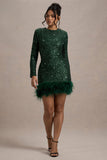 Claudia | Bottle Green Sequin High Neck Feather Hem Mini Dress With Long Sleeves