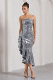 New World | Silver Sequin Strapless Maxi Dress With Ruffles