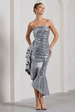 New World | Silver Sequin Strapless Maxi Dress With Ruffles