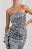 New World | Silver Sequin Strapless Maxi Dress With Ruffles