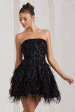 Little Wish | Black Sequin Lace Strapless Mini Dress With Feathers