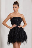 Little Wish | Black Sequin Lace Strapless Mini Dress With Feathers