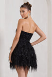 Little Wish | Black Sequin Lace Strapless Mini Dress With Feathers