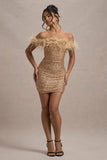 New Money | Gold Bodycon Sequin Mini Dress With Feather Trim